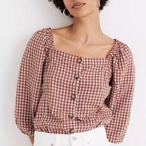 Gingham Seersucker Puff-Sleeve Button-Front Top
